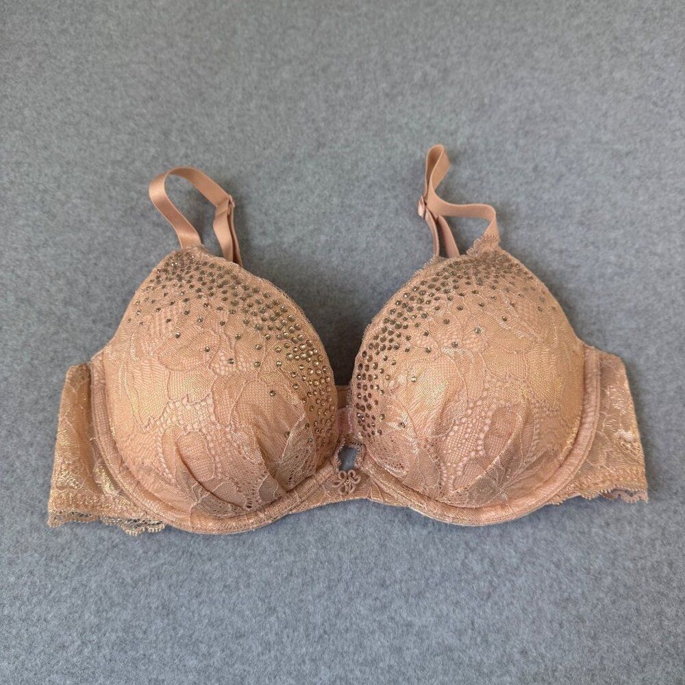 Victoria's Secret 36C Lace Underwire Plunge Bra Rhinestones Tan Cream‎ Gold Sexy